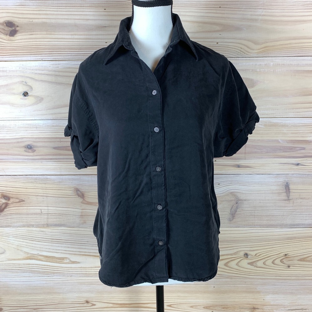 Babaton Button‎ Down Shirt Women XS Black Minimalist Short Sleeve Blouse Top